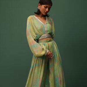 Kalki - Pista Green Embroidered Crop Top And Palazzo Set In Chinon